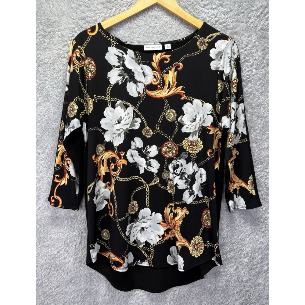 Susan Graver Womens S Liquid Knit Black Floral Chain Print 3/4 Sleeve Tunic Top